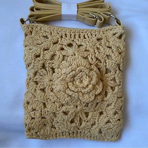 Crochet Cotton Crossbody Bag Fully Lined Pale Yellow Faux Leather Strap NWOT
